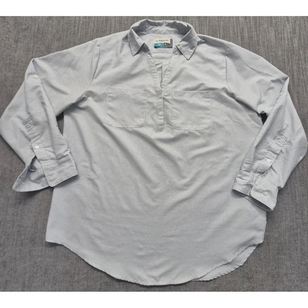 Magellan women's blue striped 1/4 button up shirt 1X moisture wicking fish gear